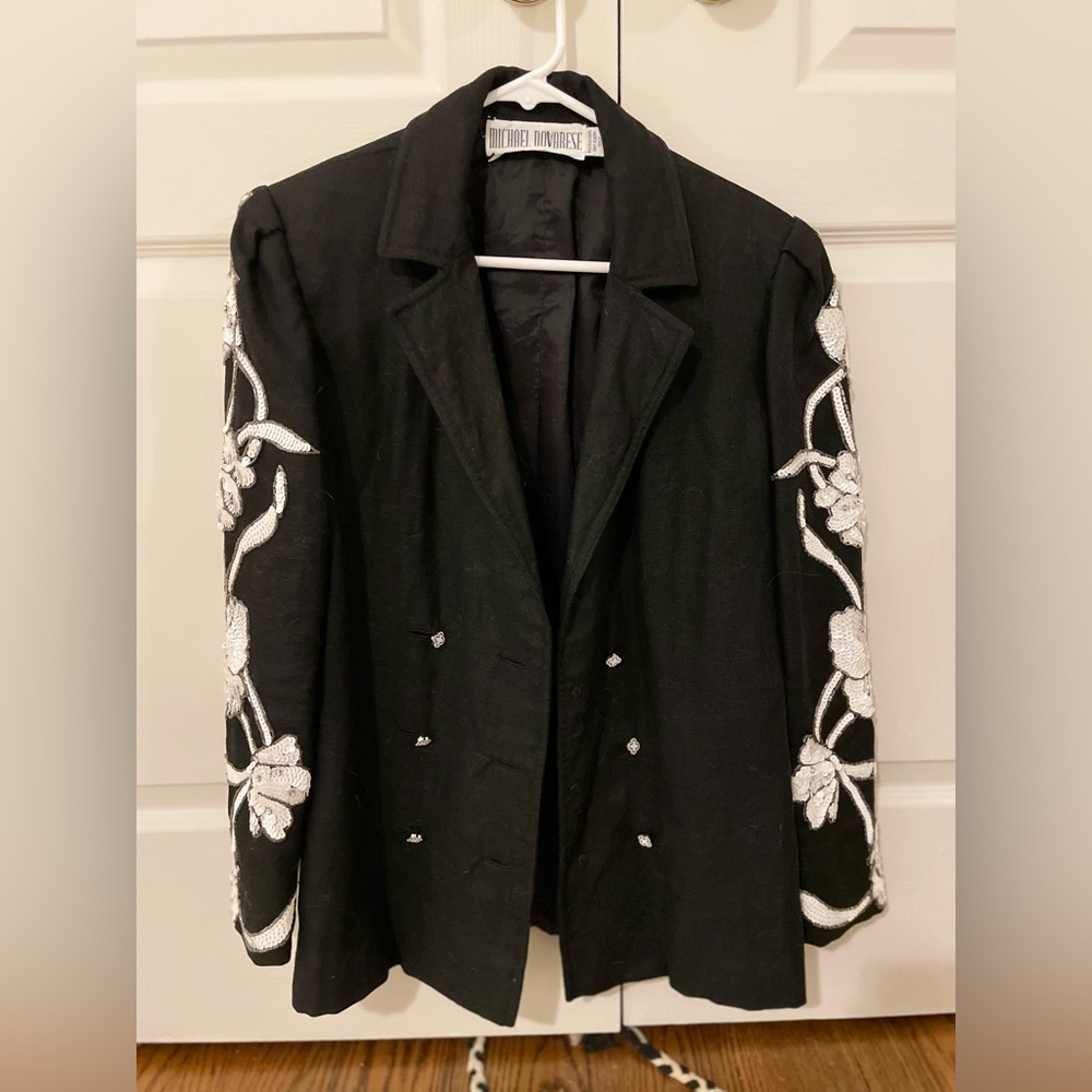 Elegant Black Jacket with White Floral sequin Embroidery